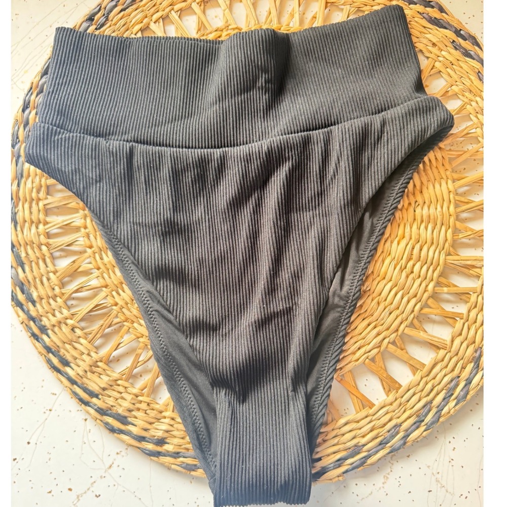 Aerie Black Ribbed High Cut Cheeky Bikini Bottoms High Waisted Swim XS NWT